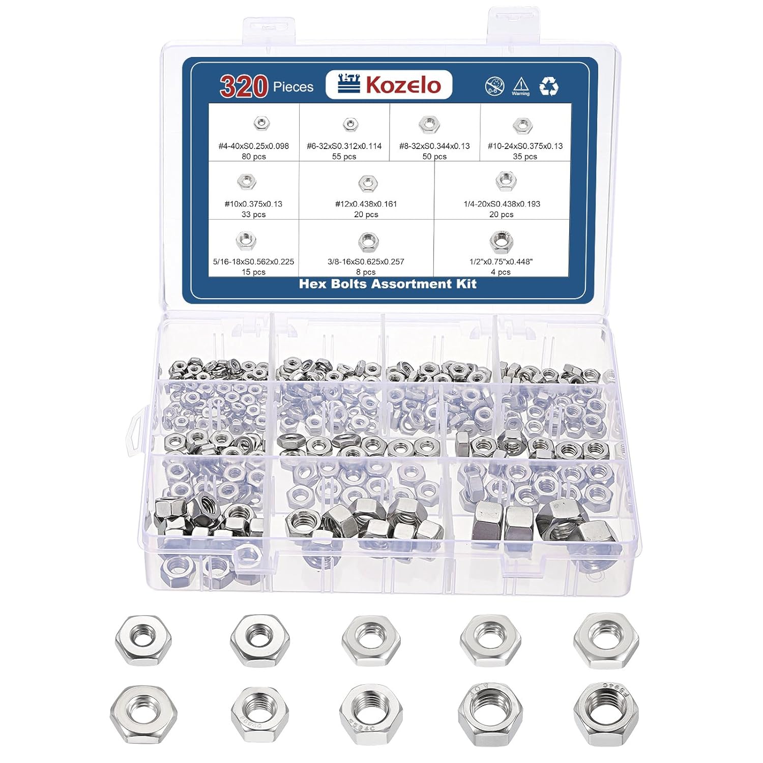 320pcs Hex Nuts Assortment Kit - [#4#6#8#10-24#10-32#12 1/4" 5/16" 3/8" 1/2"] 304 Stainless Steel 18-8 (A2-70) Hardware Nuts Set for Mechanical Repair & Assembly, Silver