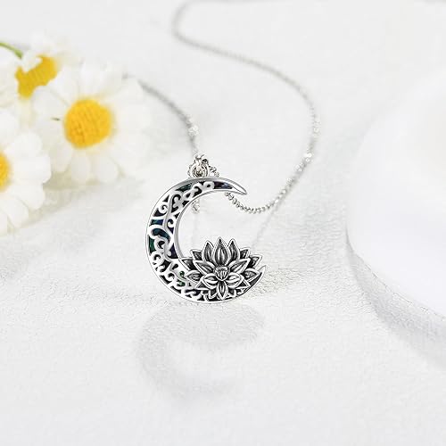 Miniatura 4 de JERWLI Collar de flor de loto de plata de ley 925 con colgante de luna de loto, joyería para mujer, Plata esterlina, No es una piedra preciosa