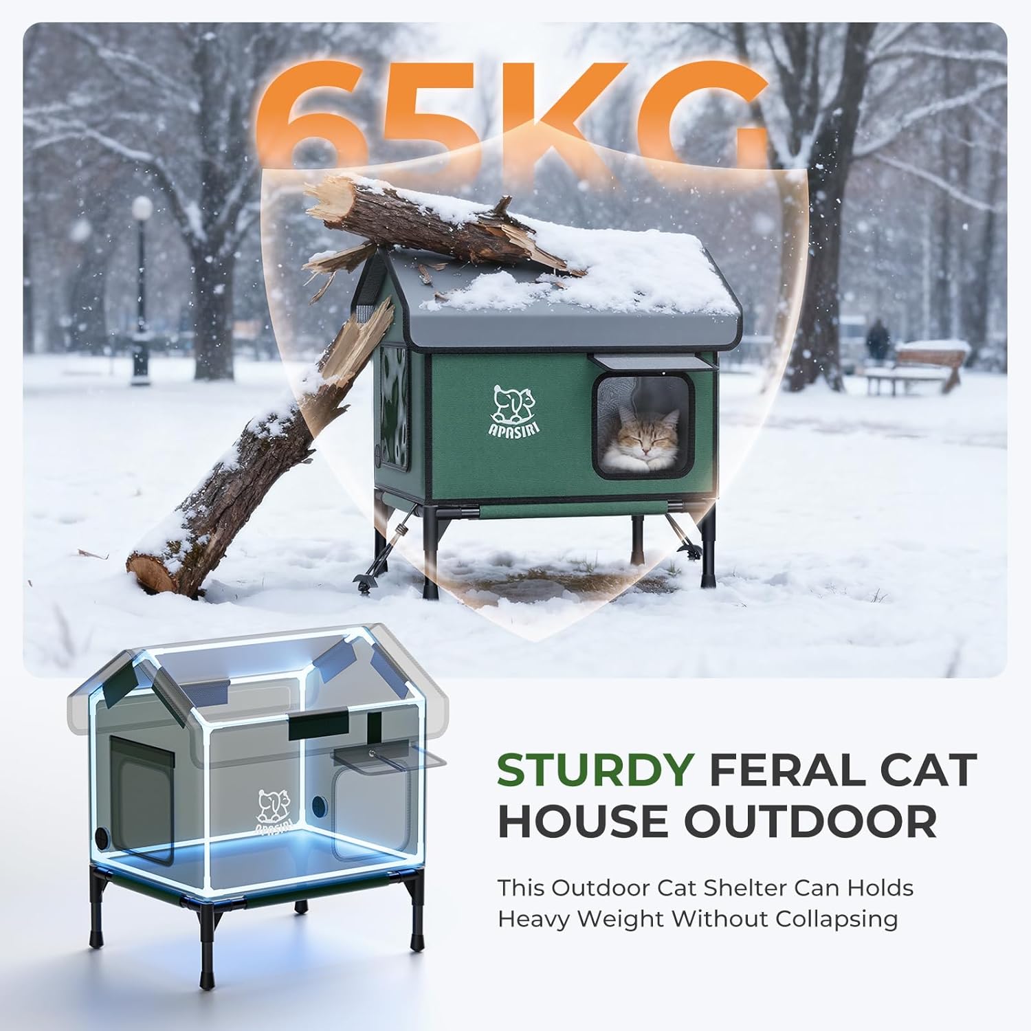 Apasiri Outdoor Cat House Weatherproof – Insulated Feral Cat Shelter with Heating Pad, Water Resistant 900D Oxford, Anti-Peep Curtains & Escape Door, Elevated Design for All Seasons, Small