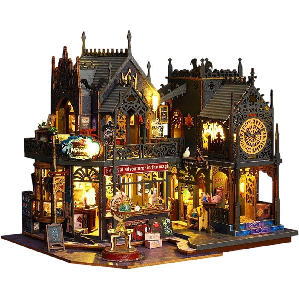 Drewniany zestaw do domku dla lalek, miniaturowy domek dla lalek, zestaw miniaturowy dom ze światłem LED i mi, pomysł na pokój dla dzieci/dorosłych (Book City)