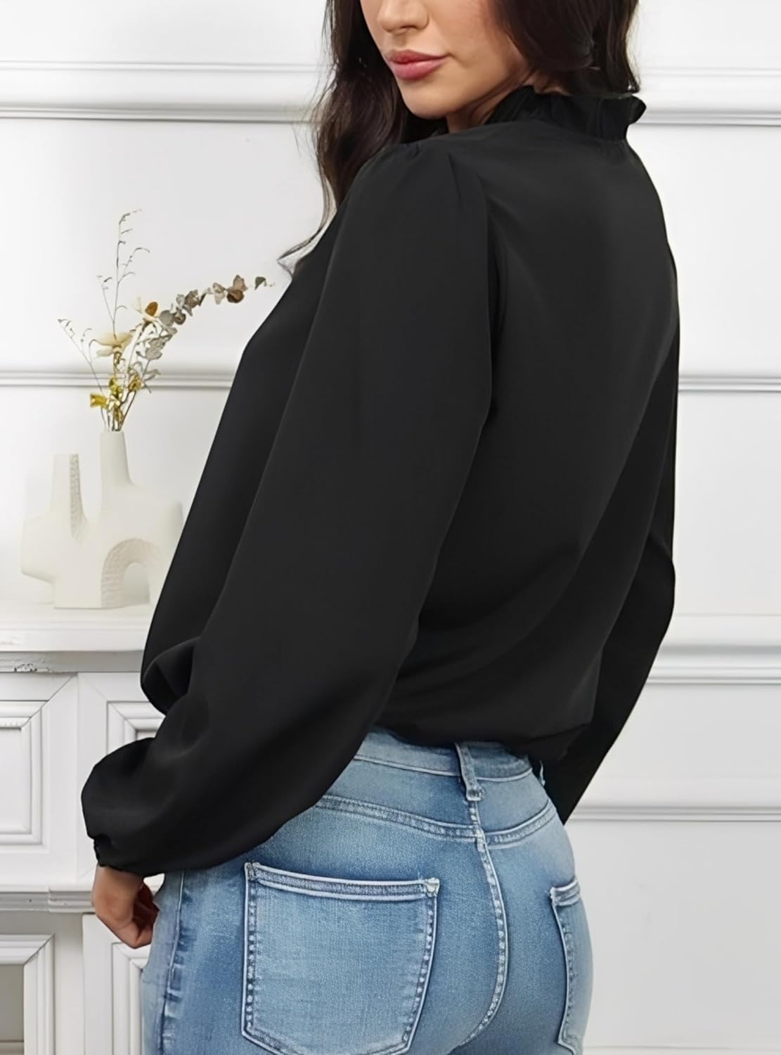 Women Blouses Ruffled V Neck Long Sleeve Shirt Solid Dressy Tops - Image 3