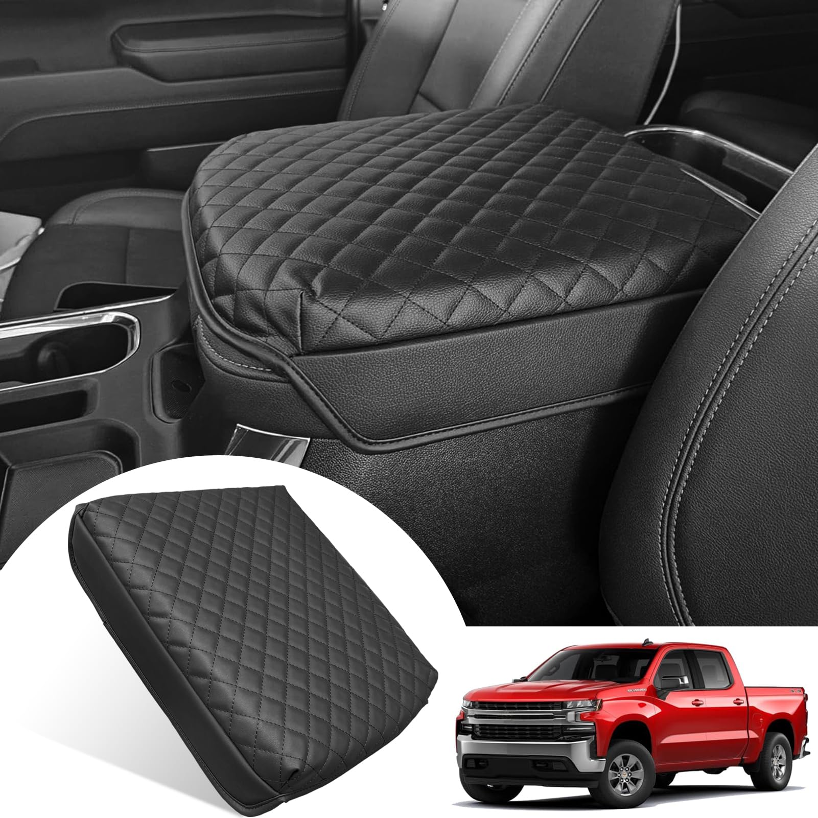 Center Console Cover for Chevy Silverado/GMC Sierra 2019-2025, Tahoe/Suburban/Yukon 2021-2024 2025, Vinyl Leather Console Lid Cushion Silverado Accessories, Bucket Seat (Black)