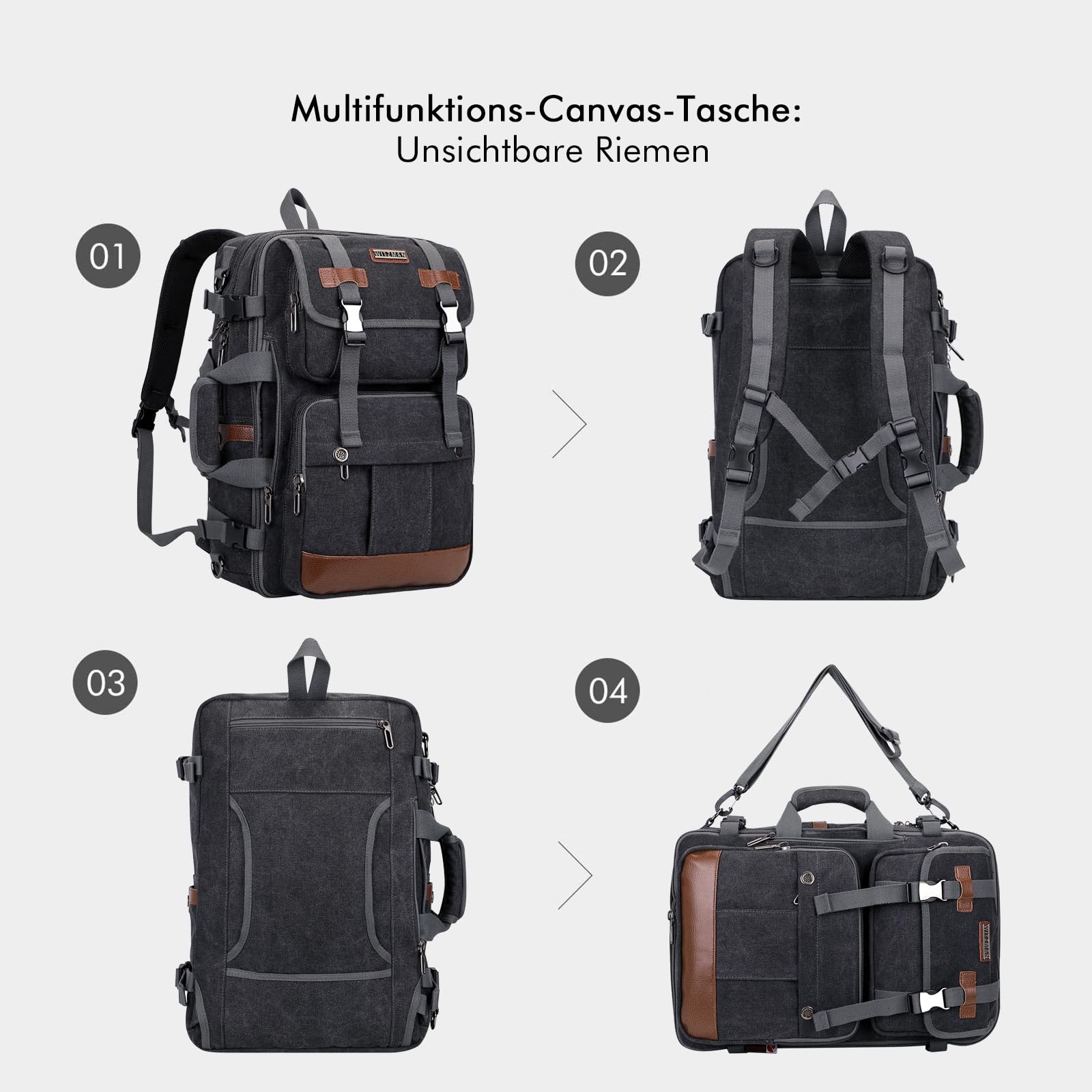 WITZMAN Reiserucksack Herren Canvas 40L Laptop-Rucksack für 16-Zoll-Laptop | Erweiterbar von 32-42L, Flugtauglicher Umwandelbarer Schulterrucksack für Handgepäck, Ideal für Urlaub, A6617-3 Schwarz