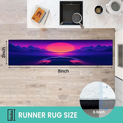 Miniatura 2 de Alfombra de corredor lavable de 2 x 8 pulgadas, diseño de arcade, diseño de barco espacial a corredor azul, cañón, paisaje, montañas 3D, 80,