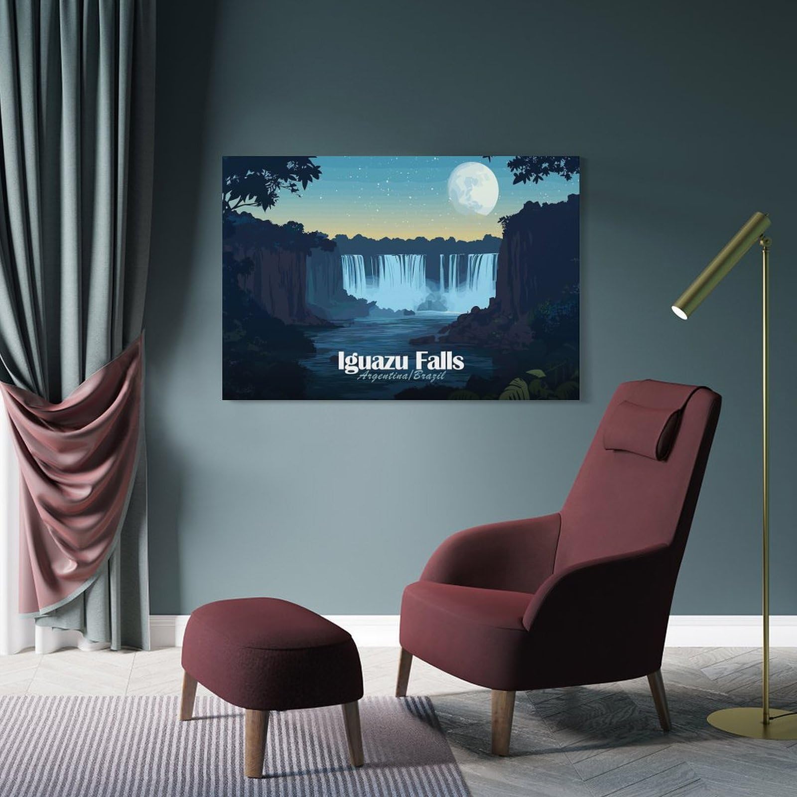 Junmoney Frame-Style-15-1 Wall Picture Print Iguazu Falls At Night Illustration, 12X18inch(30X45cm), For Contemporary Homes, Apartments Or Offices, Decorative Canvas Decor For Home Updates