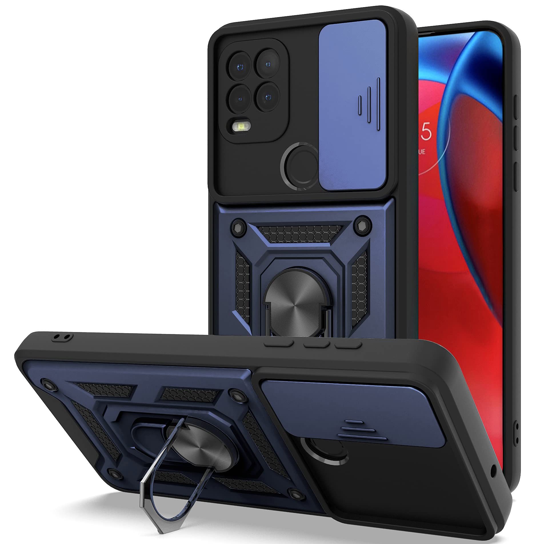 LokyooCompatible with Moto G Stylus 5G 2021 Case with Camera Cover & Kickstand, Slide Lens Cover + Built-in 360° Rotate Ring Stand, Armor Style, Impact-Resistant, Full Protect for Moto g Stylus 5G