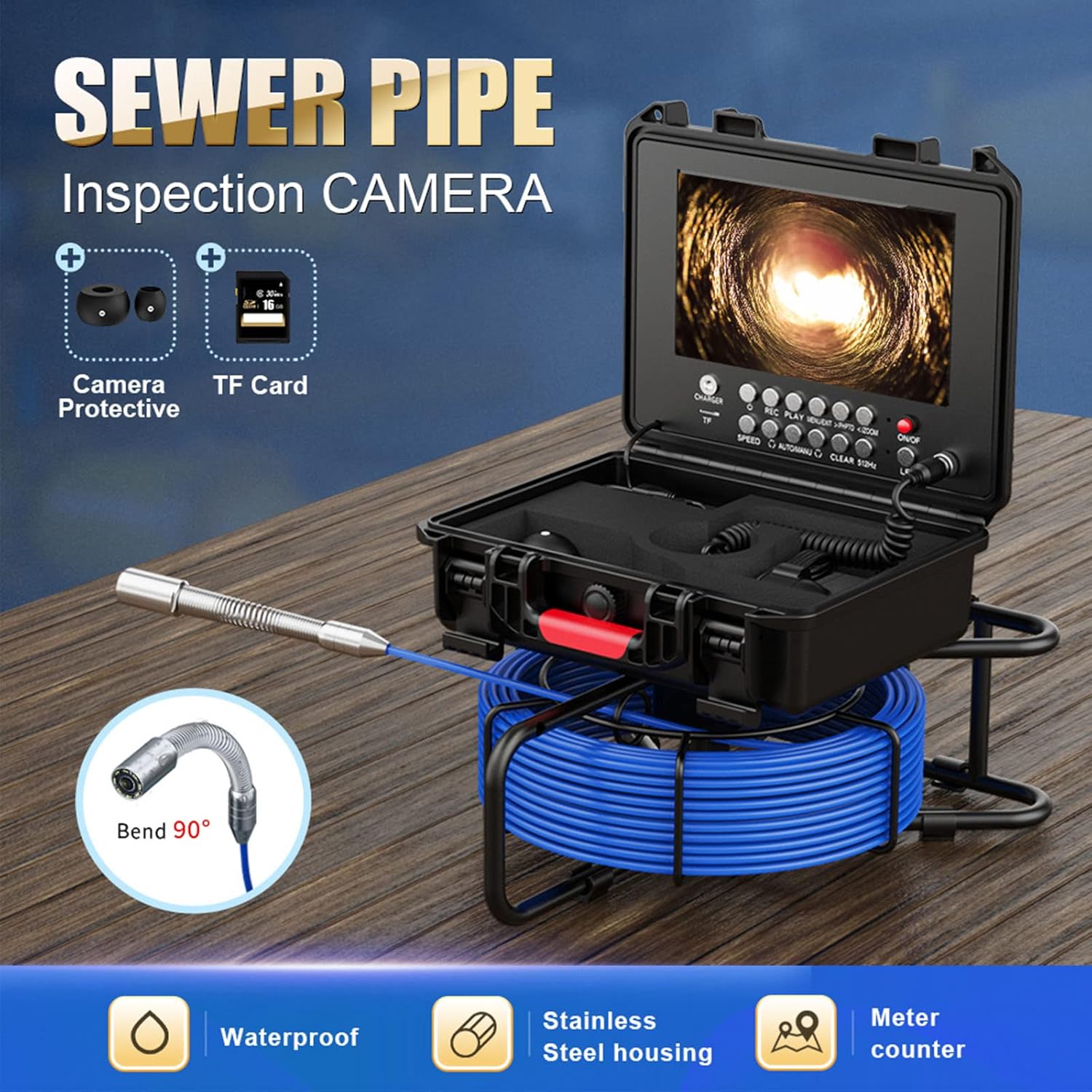 HD Pipeline Inspection Camera DVR Sewer Camera 9 Inch LCD Monitor 17mm Industrial Drainage Pipe Endoscope Pipeline Video System with Meter Counter, 16G TF Card,30M