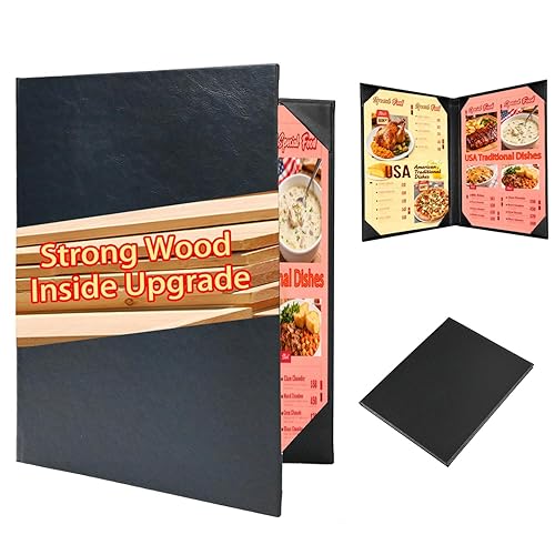 Funda de menú de cuero de 8.5 x 11 pulgadas con madera fuerte en el interior, doble vista, fundas de cuero para libros de menú para restaurante,