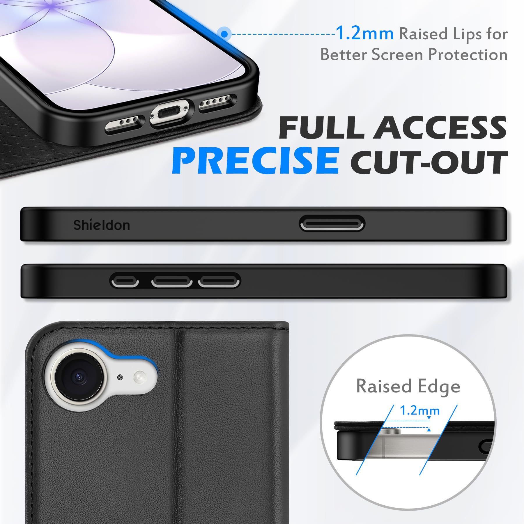 SHIELDON Funda para iPhone 17e/iPhone 16e 6.1", Cartera de Cuero Genuino [Tarjetero] [Soporte] [Bloqueo RFID] Carcasa TPU Folio Magnética Leather Wallet Case Compatible con iPhone 16e/17e 2026 - Negro