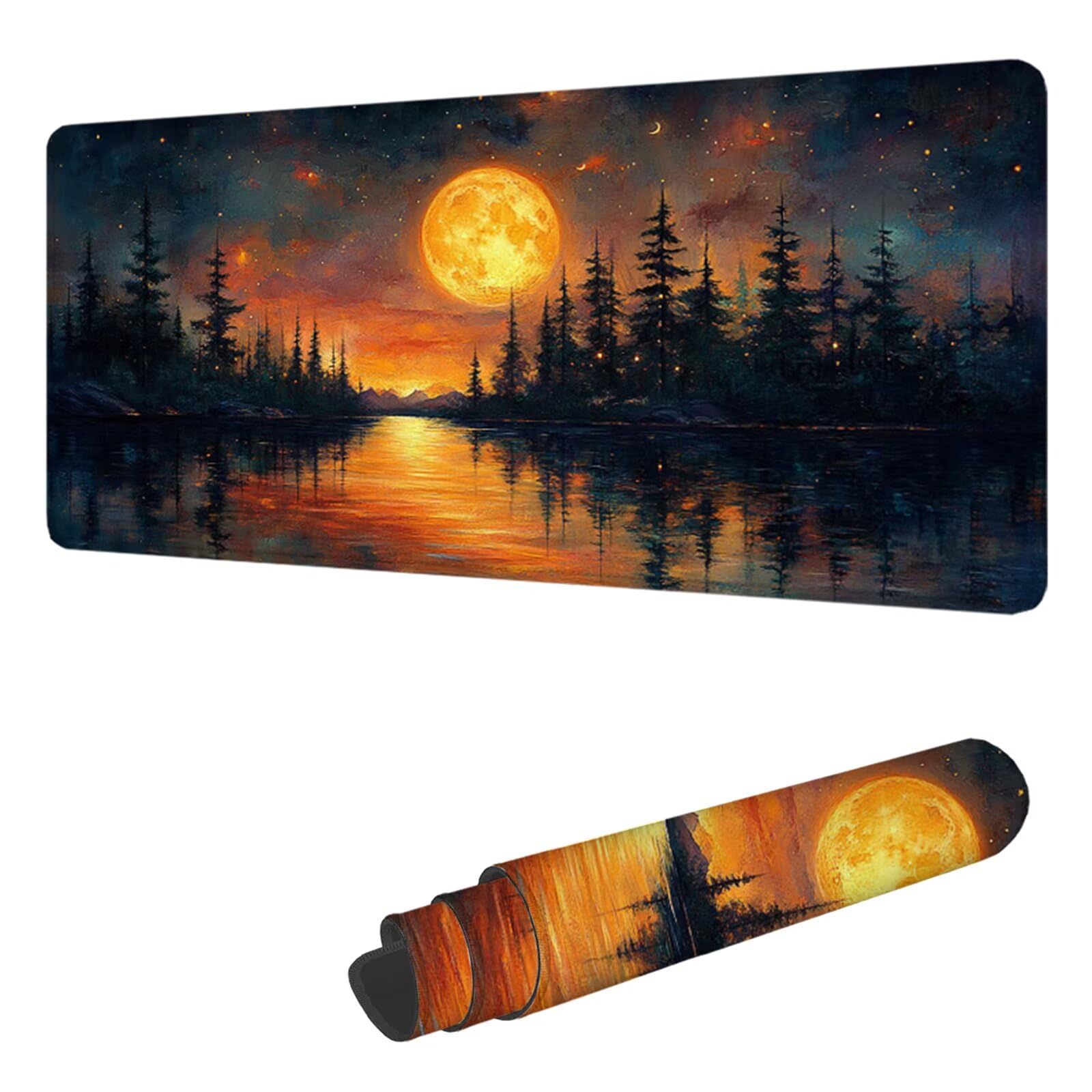 Podkładka pod mysz XXL 1400 x 600 mm podkładka pod mysz do gier księżyc, podkładka na biurko z antypoślizgową gumową podstawą, wodoodporna i antypoślizgowa podkładka pod mysz nad jeziorem, do PC