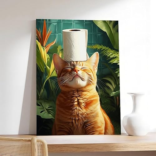 Miniatura 7 de NBLKJHLFD Fun Orange Cat Bathroom, Retro Floral Fun Orange Cat Canvas Poster Wall Art Decor Print Picture Paintings for Living Room Bedroom