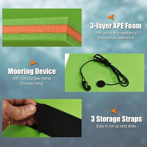 Miniatura 3 de Goplus Almohadilla de agua flotante de 12 x 6 pies, alfombrilla de espuma XPE de 3 capas resistente al desgarro, con dispositivo de amarre y correas