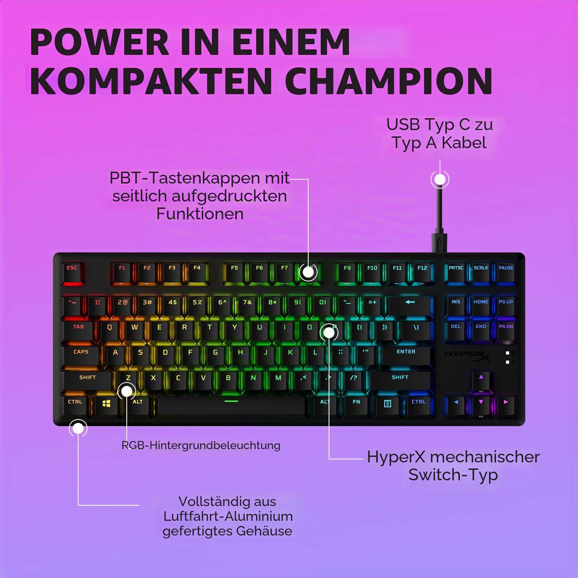 HyperX Alloy Origins Core PBT – TKL Mechanische Gaming-Tastatur, PBT-Tastenkappen, RGB-Beleuchtung, kompakt, Aluminiumgehäuse, anpassbar NGENUITY, Onboard-Speicher, taktiler