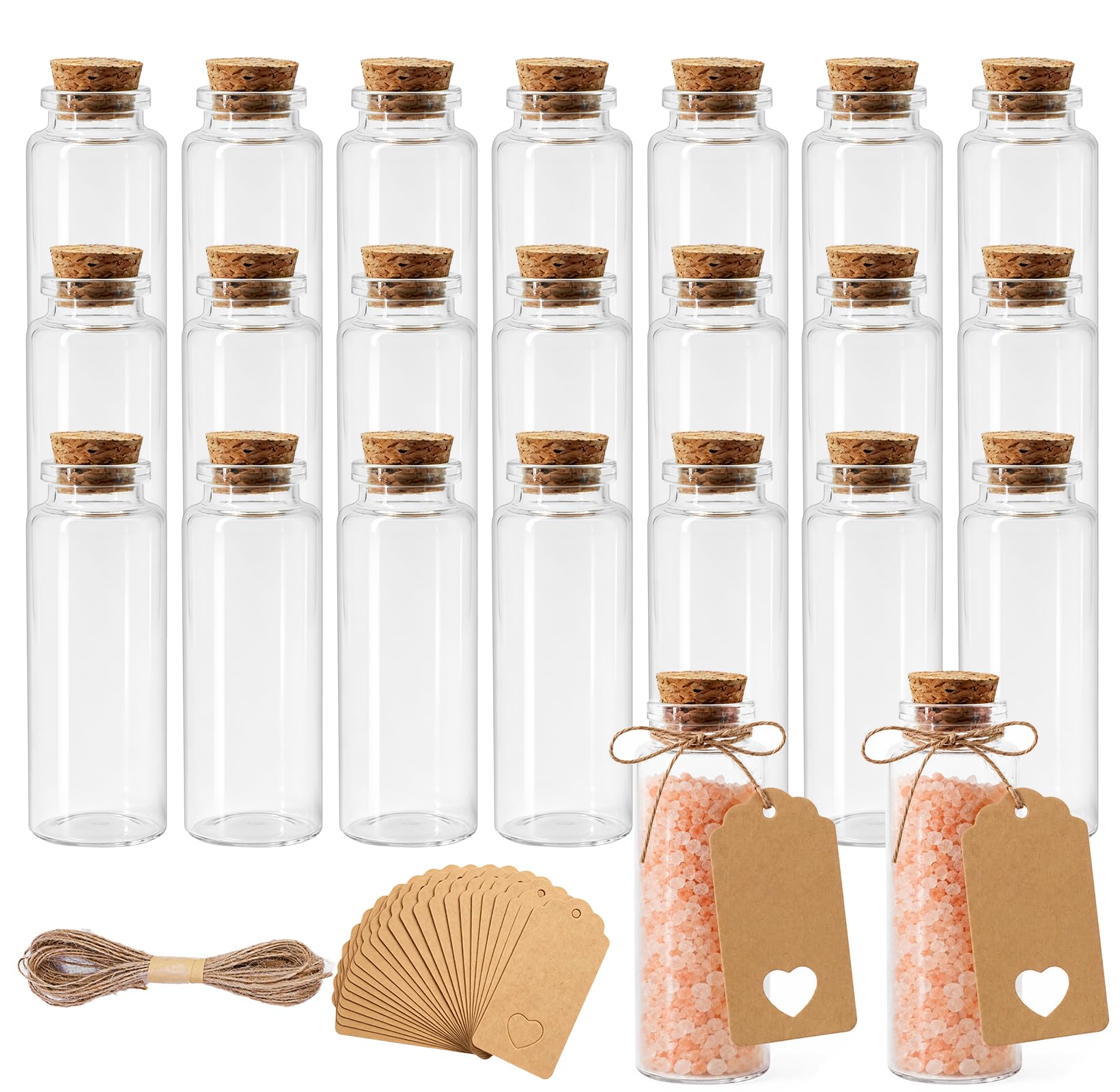 Zestaw 22 mini butelek szklanych z korkiem, 40 ml, butelki na życzenie, z 22 etykietami z papieru typu kraft i sznurkiem jutowym o długości 10 m, małe szklane butelki do napełniania, do