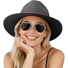 AQOKKA Summer Sun Hats for Women Straw Panama Hat with Wide Brim Roll Up Travel Fedora Beach Hat for Women Men UPF 50+