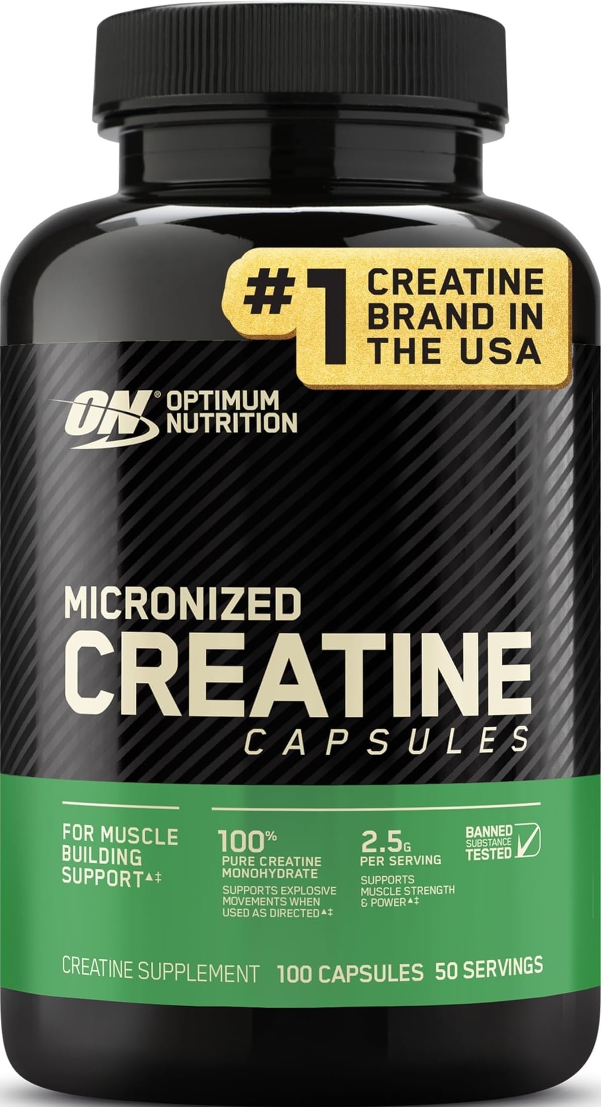 Optimum Nutrition Creatine, Micronized Creatine Monohydrate Capsules, Supports Strength & Recovery, Banned Substance Tested, 2.5g per Serving, 50 Servings, 100 Count | Micronized Creatine Monohydrate Capsules, Easy to Swallow, Keto Friendly, Supports Muscle Building, Strength & Performance