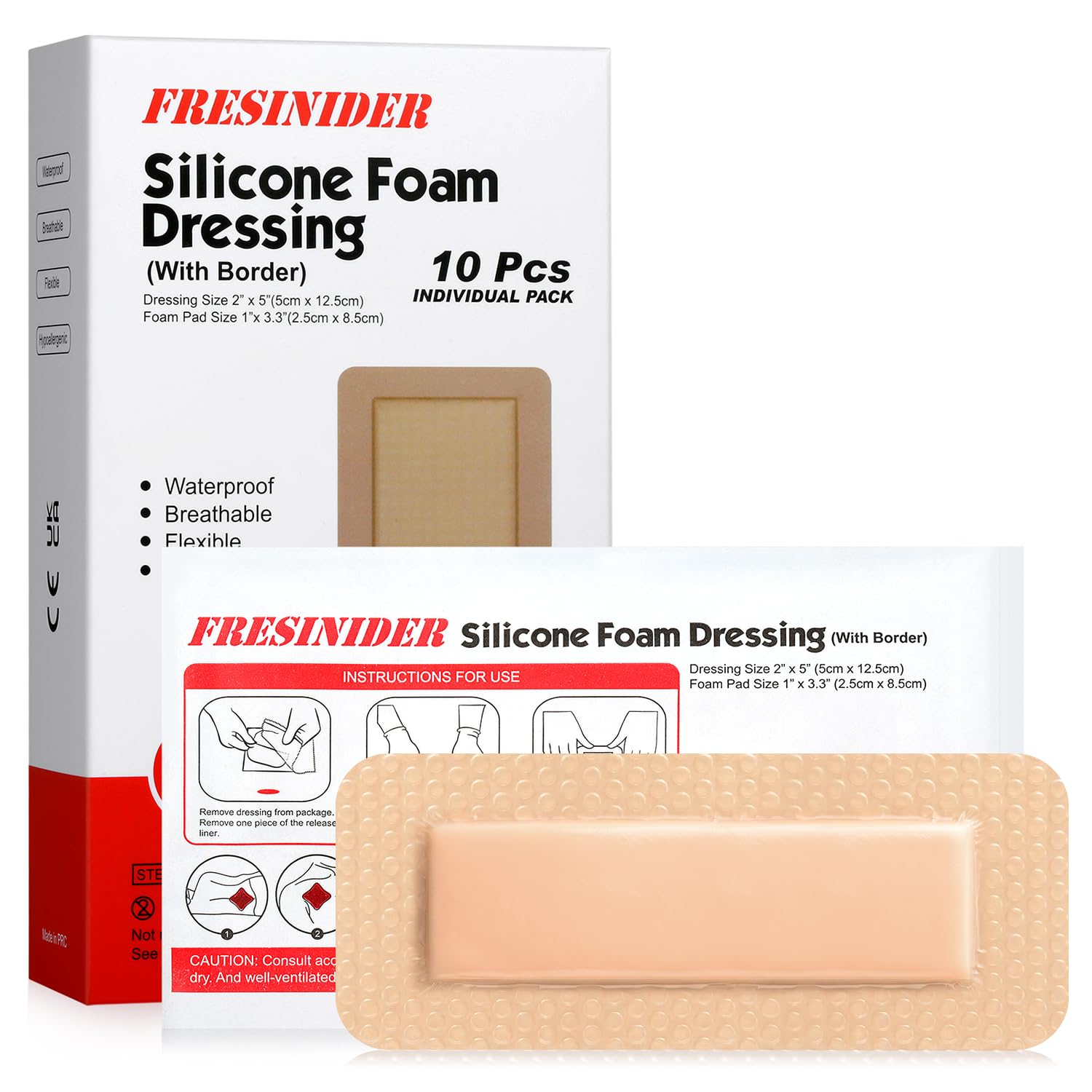 FRESINIDER 2" x 5" Pack of 10 Silicone Foam Wound Dressing - Waterproof Adhesive Bandages with Bordered - Super Absorbent &amp; Breathable for Optimal Wound Care