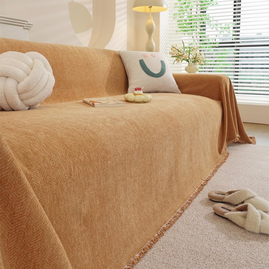 Highdi Chenille Sofa Throws Large Ersatile Soft Throw Blanket with Tassels, Solid Color Extra Large Throws for Settees Couch, Sofa, Bed, Armchair (Orange 1,180x230cm)