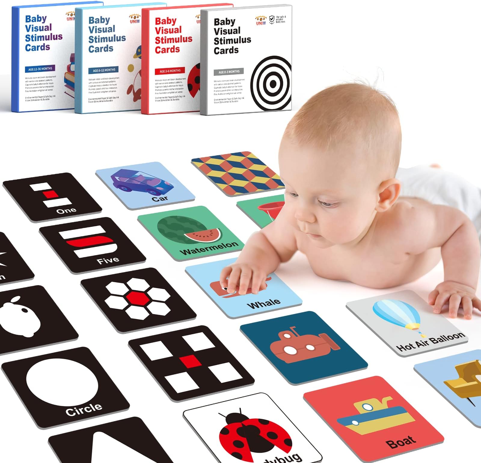 UNIH High Contrast Cards for Baby 0-6 Months(64PCS 128Page),Black and White Cards for Newborns Visual Stimulation Brain Sensory Development for Infants