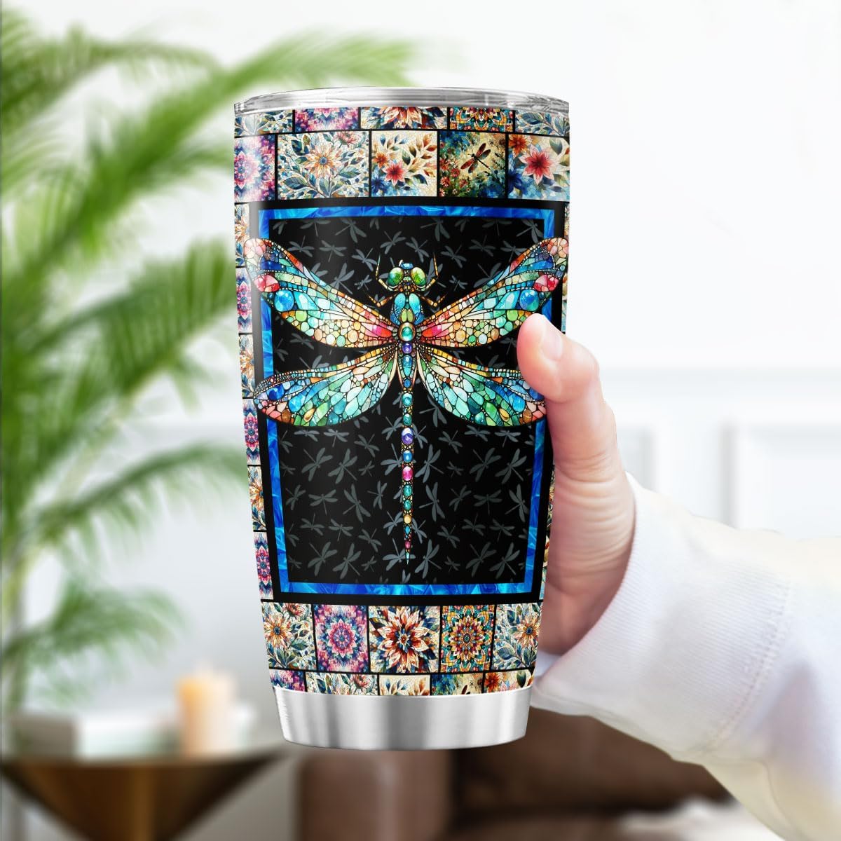 Dragonfly Mosaic Travel Cup for Women, 20oz Stainless Steel Insulated Tumbler with Artistic Floral Patchwork, Colorful Insect Design, Hot Cold Coffee Tea Mug Gift - Image 3