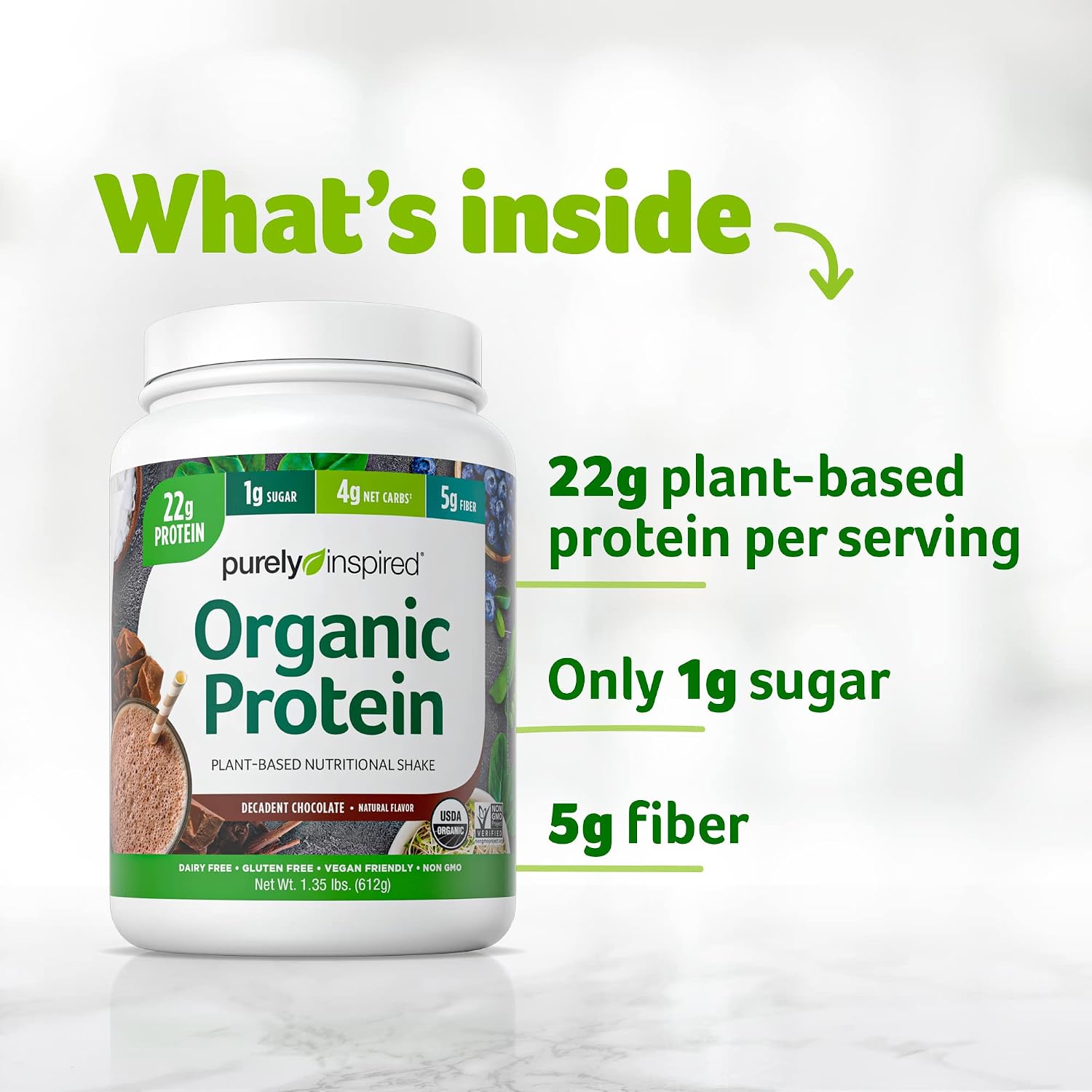Plant Based Protein Powder | Purely Inspired Organic Protein Powder | Vegan Protein Powder for Women & Men | 22g of Plant Protein | Pea Protein Powder | Decadent Chocolate