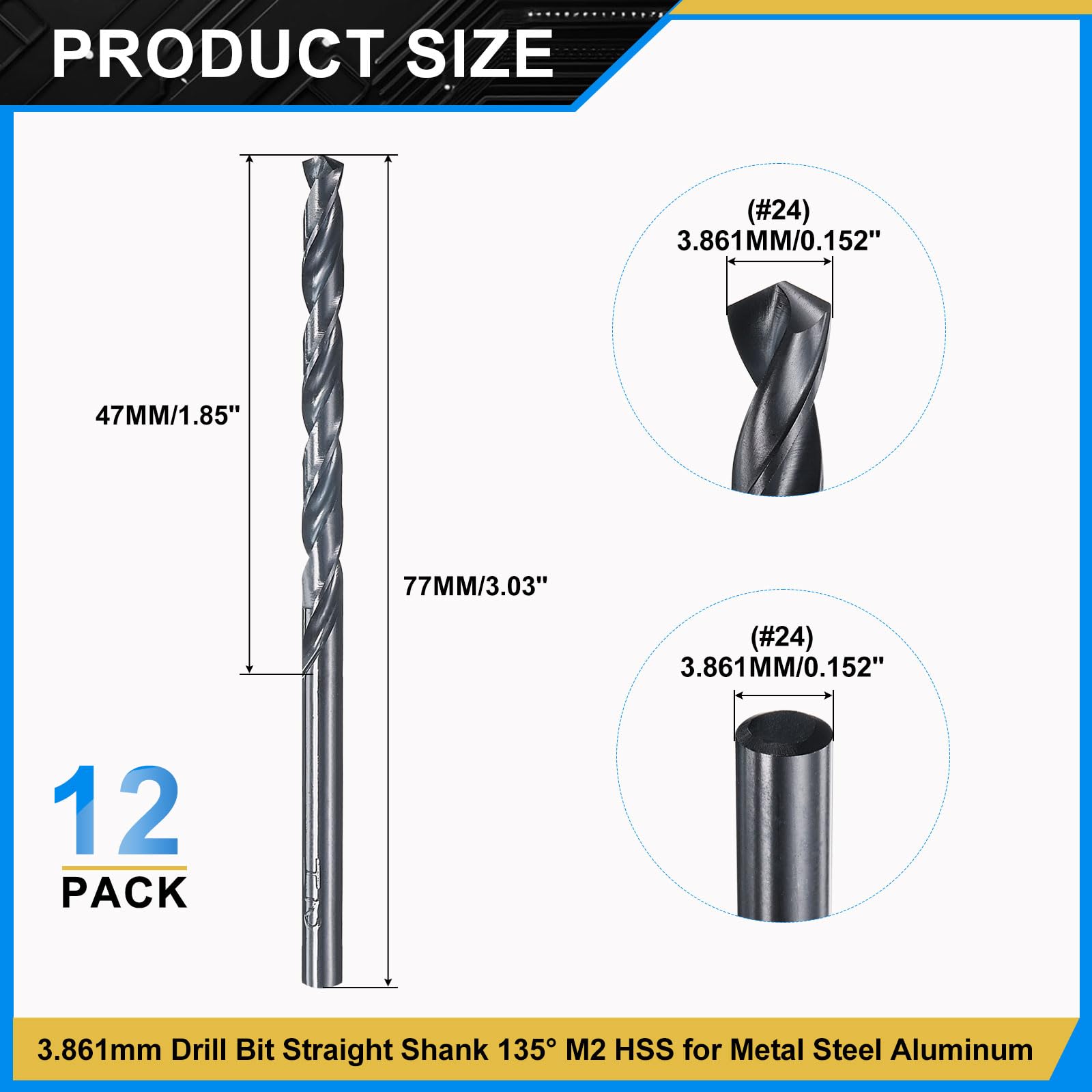 PATIKIL 3.9mm Drill Bit #24, Jobber Straight Shank M2 High-Speed Steel 135° Nitriding Black for Stainless Steel Hard Metal - 12 Pack - Image 2