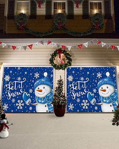 Miniatura 3 de Cubierta de cartel de Navidad para puerta de garaje con muñeco de nieve azul, decoración de puerta de garaje colgante de copo de nieve de invierno,