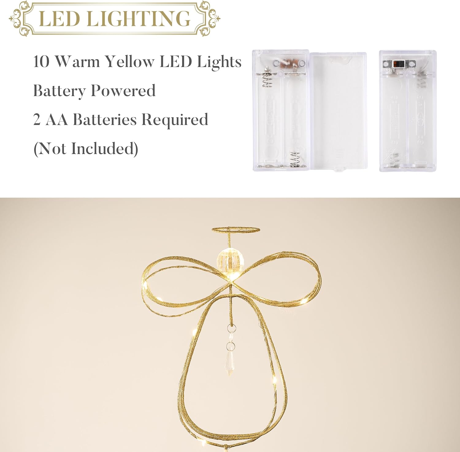 Valery Madelyn Christmas Angel Tree Topper with Timer&Christmas Tree Ornaments Set, 40ct White and Gold Shatterproof Christmas Tree Decorations(2 Items Buddle)