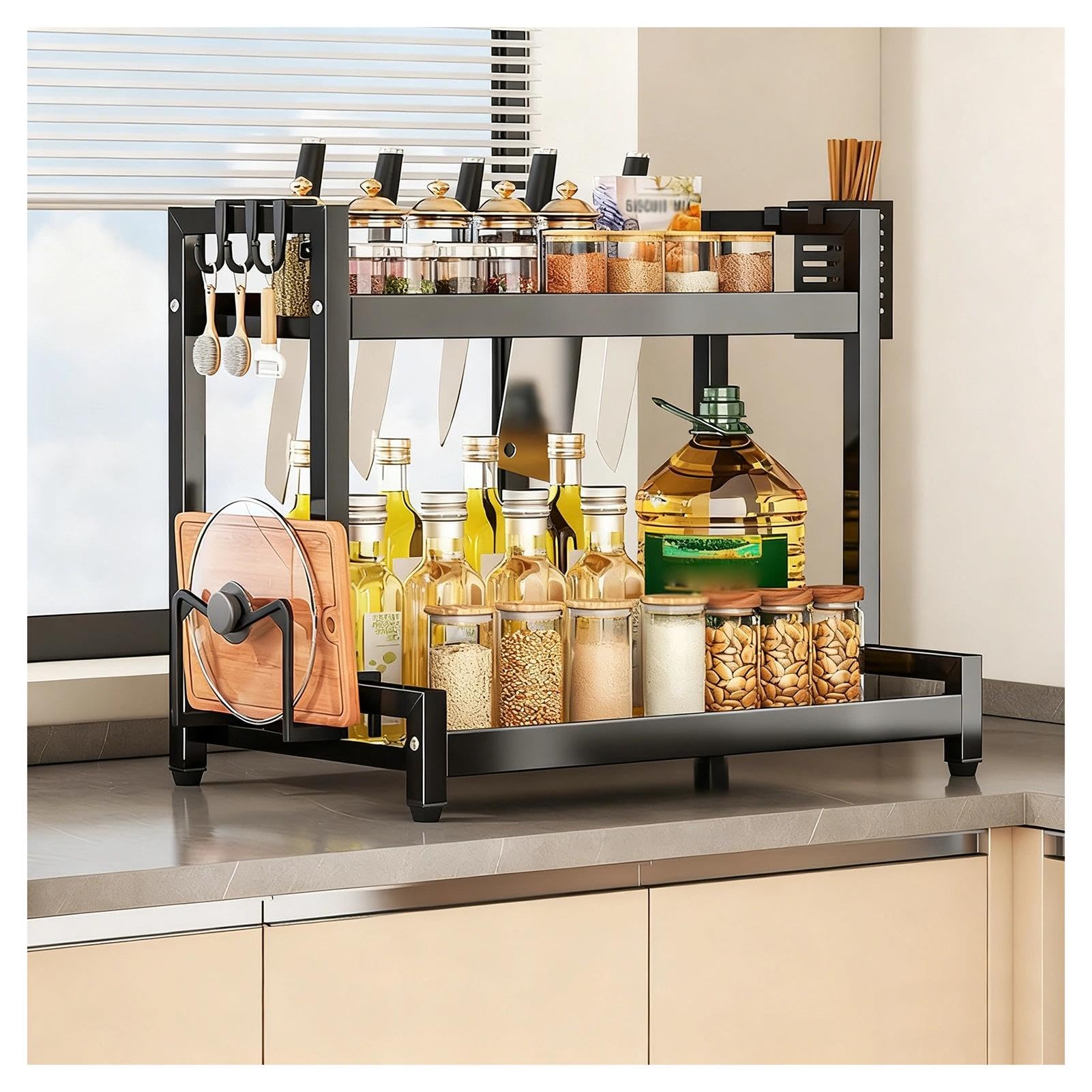 TIANQIHAO Stainless Steel Countertop Spice Rack Nizer, 2-Tier Metal Table Rack With Hooks And Knife Holder, Standing Large Nizer For Sugar, Salt, Pepper And Oil Bottles,Black-2 Tier-15.7in