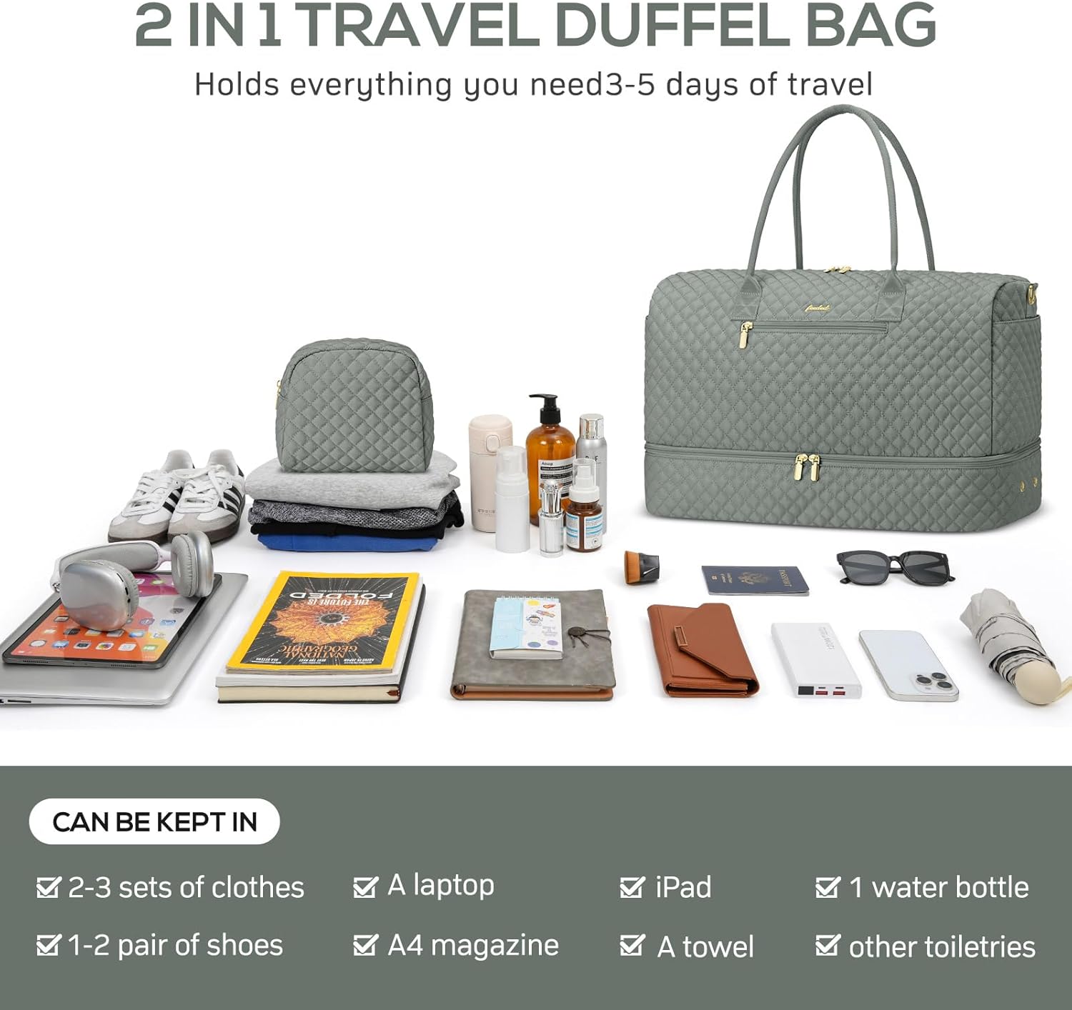 Travel Bag Weekender Bags for Women - Carry on Overnight Bag with Shoe Compartment Duffle Bag with Laptop Pocket Hospital Bag for Labor Delivery Gym Tote Bag with Toiletry Bag Dark Green - Image 4