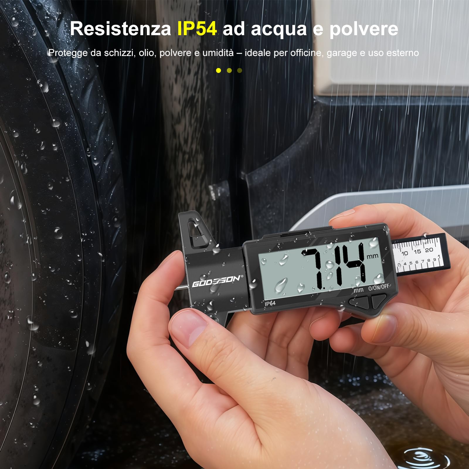 GODESON Spessimetro per Pneumatici Digitale, Intervallo 0-25,4mm/1 Pollici, Impermeabile IP54 Misuratore di Profondità con Ampio Display LCD, per Auto, Moto e Vans