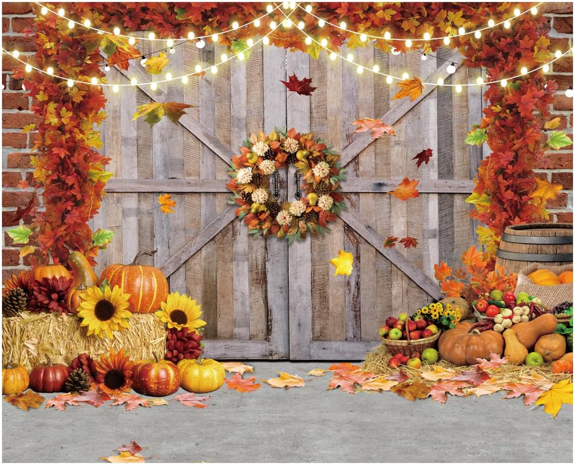 10X8FT Fall Thanksgiving Backdrops Fall Pumpkin Harvest Barn Backdrop Hay Maple Leaf Thanksgiving Party Banner Photo Background Studio Props DH-900
