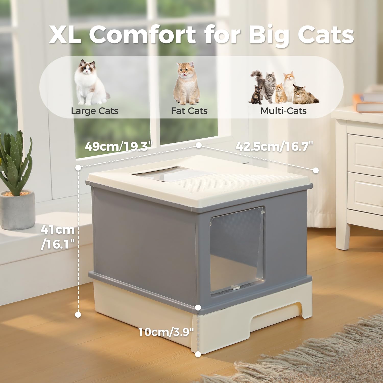 PEQULTI Caja de arena grande para gatos con tapa, caja de arena cubierta de alta capacidad de 88 L, protector de borde elevado antifugas, diseño de cajón extraíble y cuchara grande plegable, entrada