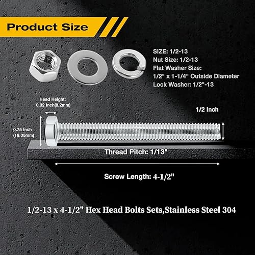 Miniatura 3 de Juego completo de tornillos de cabeza hexagonal de 12-13 x 4-12 pulgadas, tuercas, arandelas planas guardabarros, arandelas de bloqueo dividido,
