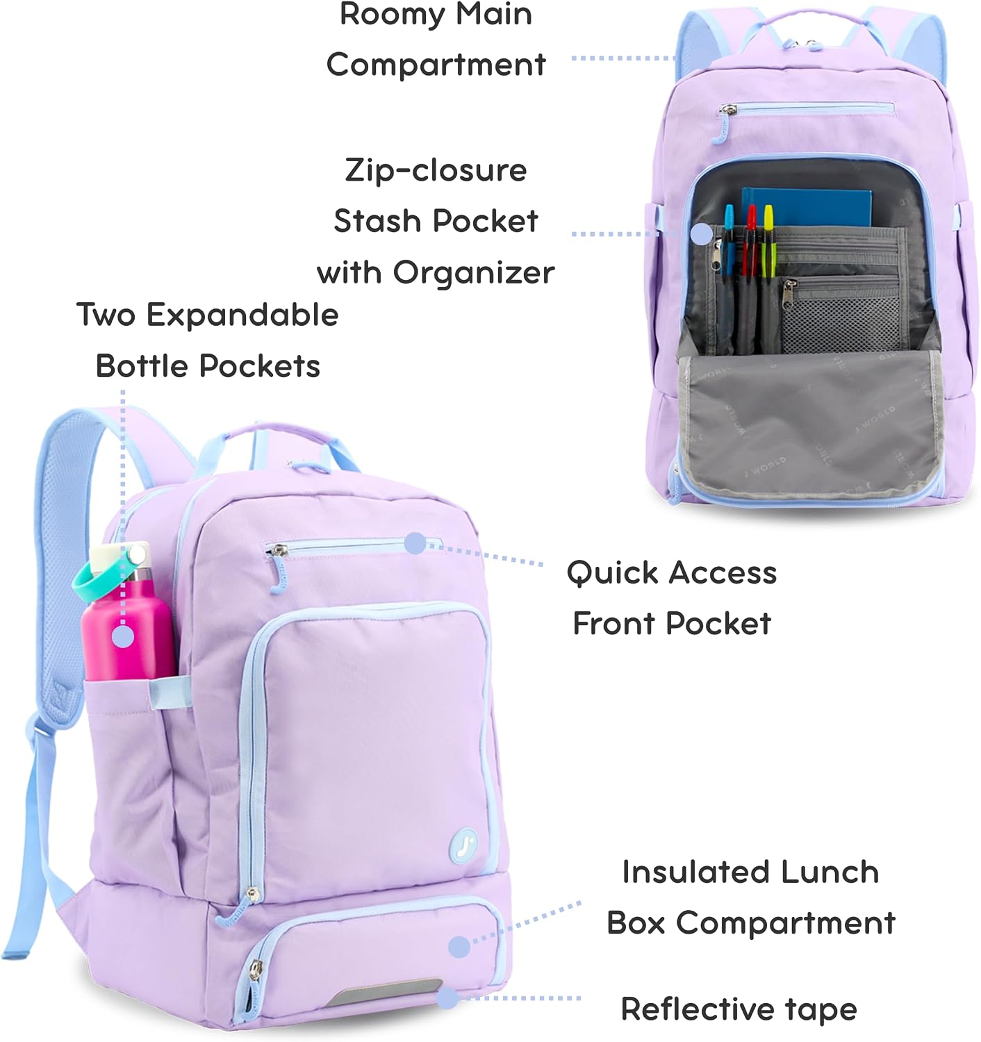 J World New York 2-in-1 Insulated Backpack Lunch Box for Kids. Adult School Bookbag, Purple, 17 x 13 x 9 Inches image 5