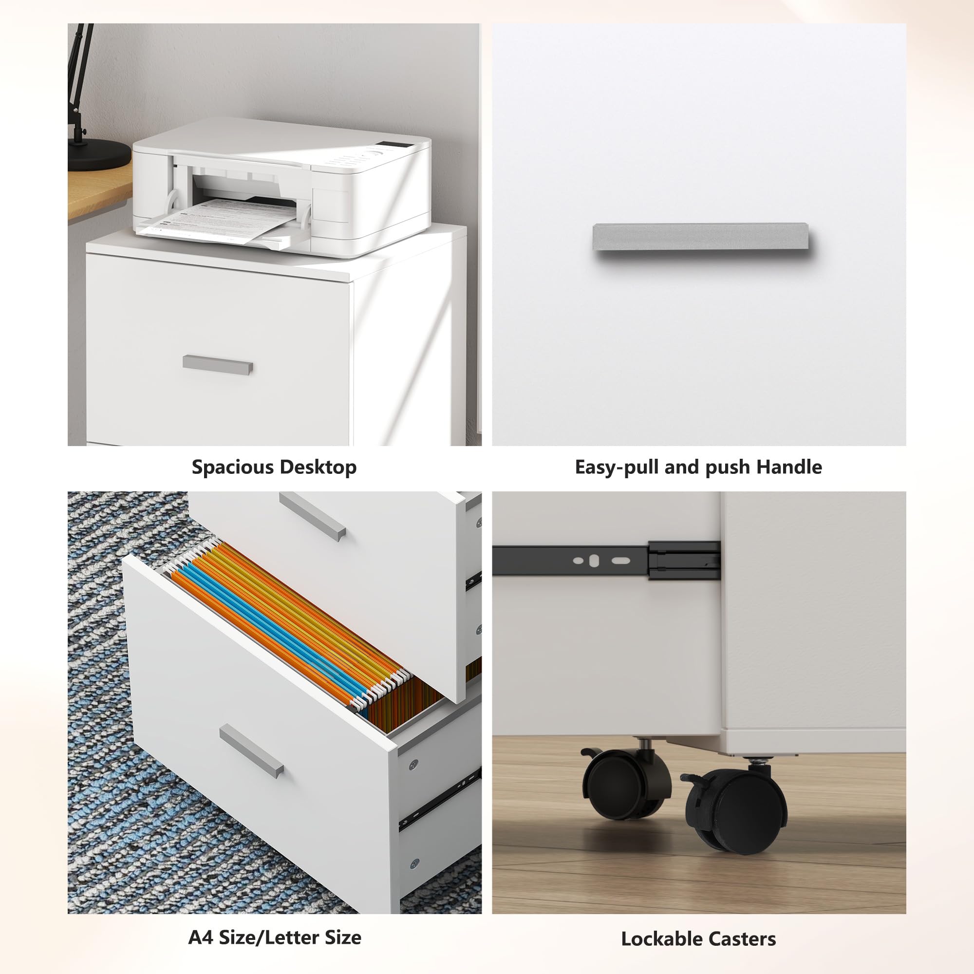 SDHYL Armario archivador de 2 cajones con ruedas, organizador de oficina para A4/cartas/documentos legales, 46,2 x 40 x 67,5 cm (blanco)
