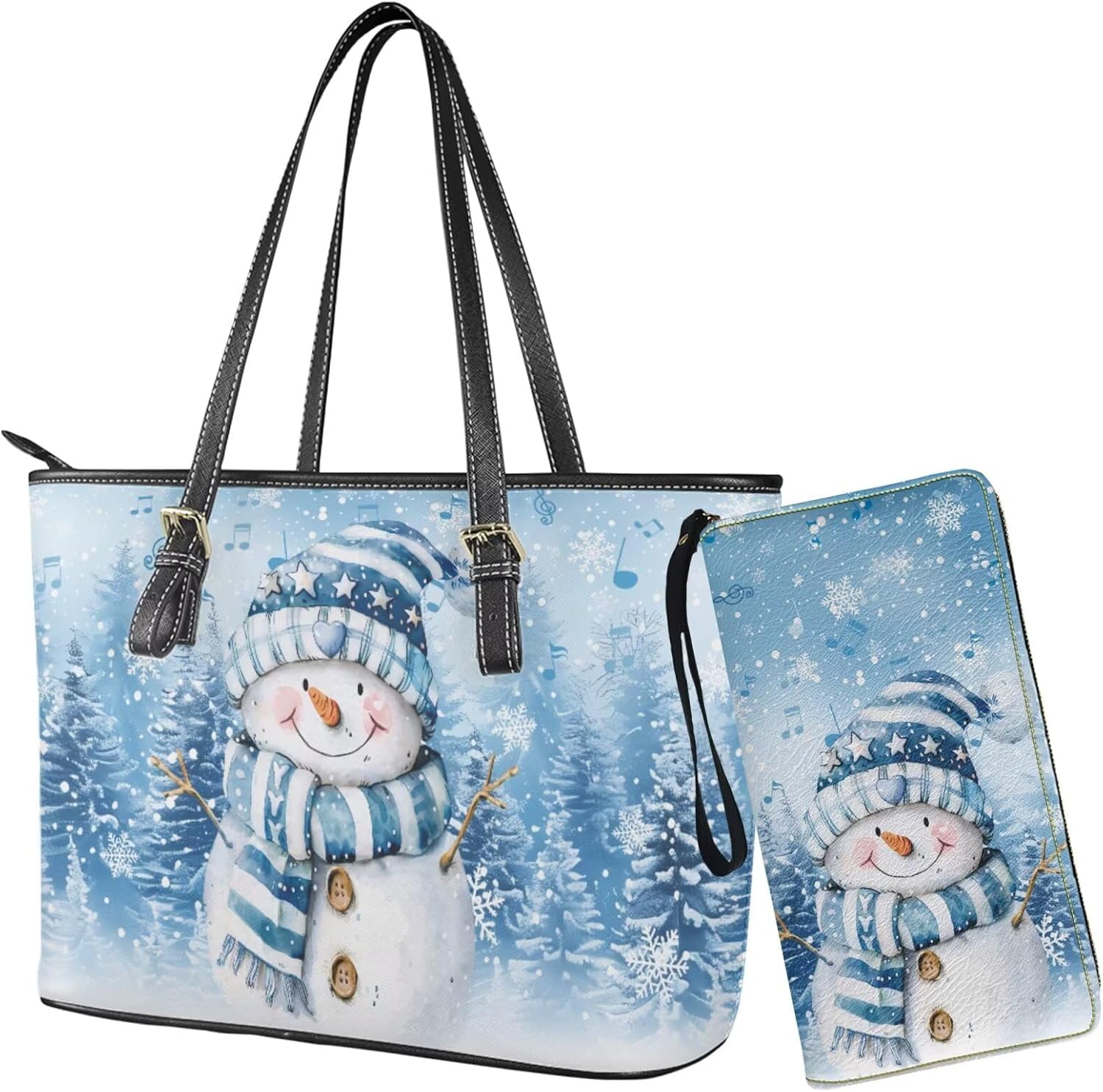 Tuoxiukan Christmas Snowman Tote Bag For Women Hobo Handbag Shoulder Purses Cute PU Leather Tote Handbag and Purse Set of 2 Christmas Purses Top Handle Bags Gifts for Ladies
