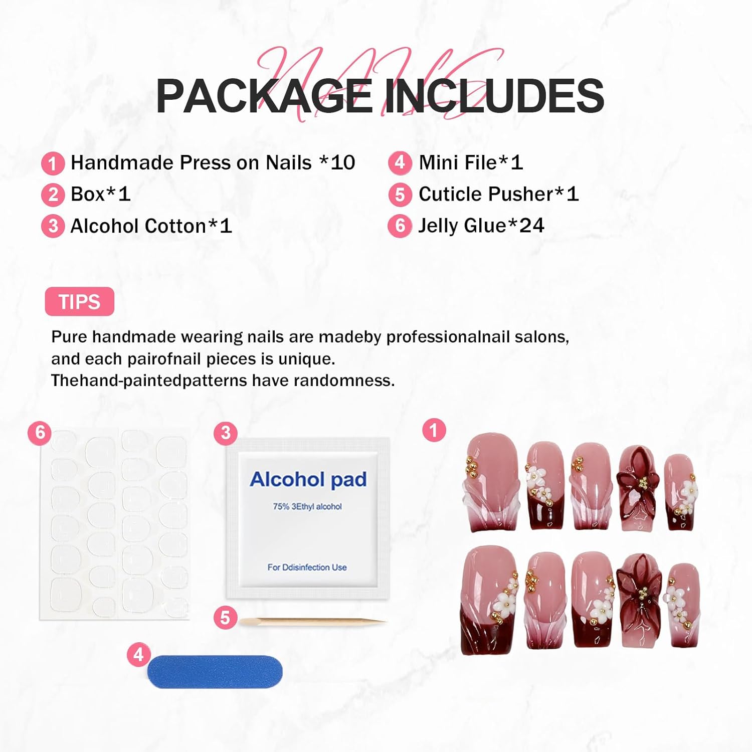 Handmade Flower Press on Nails Medium Square Fake Nails Luxury Pearl Charm Red French Tip with 3D Flower Designs Muti-Layer Gel Glossy Gradeint Acrylic Nails for Women (Size S）