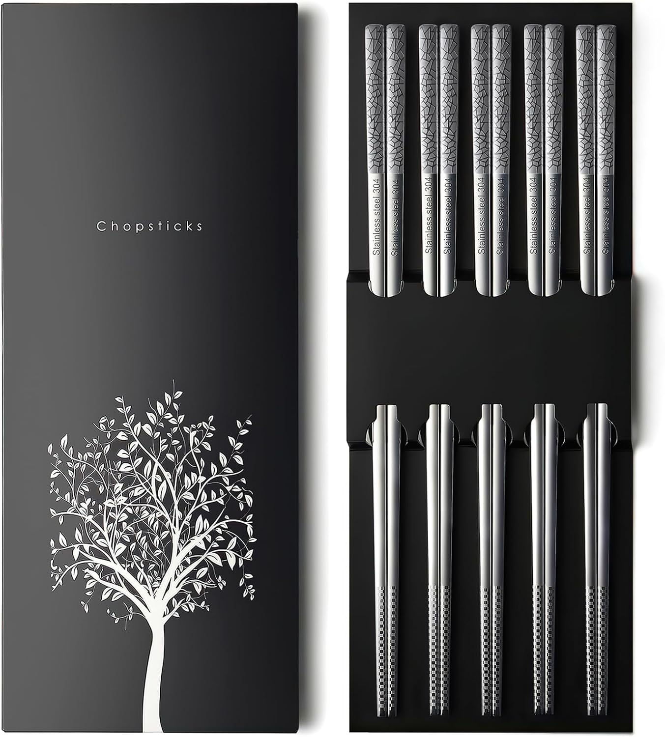 IQCWOOD 18/8 Stainless Steel Chopsticks, 5 Pairs Laser Engraved Metal Chopsticks, Non-Slip Square Japanese Korean Style Chop Sticks for Cooking Eating, 9 1/4 Inches Gift Set