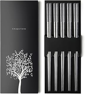 IQCWOOD Chopsticks Reusable, 5 Pairs 304 Stainless Steel Chopstick, Korean Japanese Chinese Chop Sticks for Sushi & Asian Dishes Non-Slip Dishwasher Safe, Gift Sets - 9.25 Inches