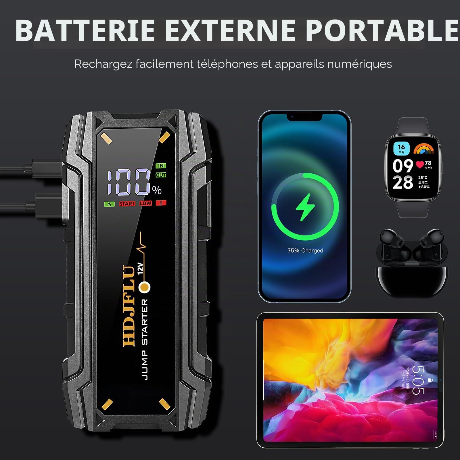 Démarreur de Voiture Portable HDJFLU 3000A (7,0 litres pour Le Moteur à Essence et 5,5 litres pour Le Moteur Diesel), Batterie de Voiture 12v, câble de démarrage Intelligent, éclairage