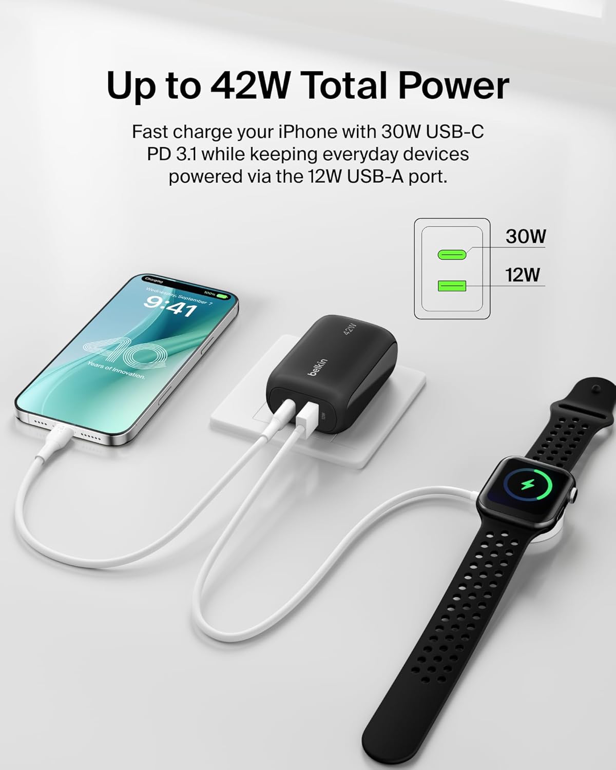 Belkin Dual Port Charger Block 42W, USB-C + USB-A Charger Super Fast Charging - Samsung Galaxy S25, Apple iPhone 17, Air, Pro, Pro Max, iPad, AirPods, Apple Watch, Nintendo Switch 2 & More - Black