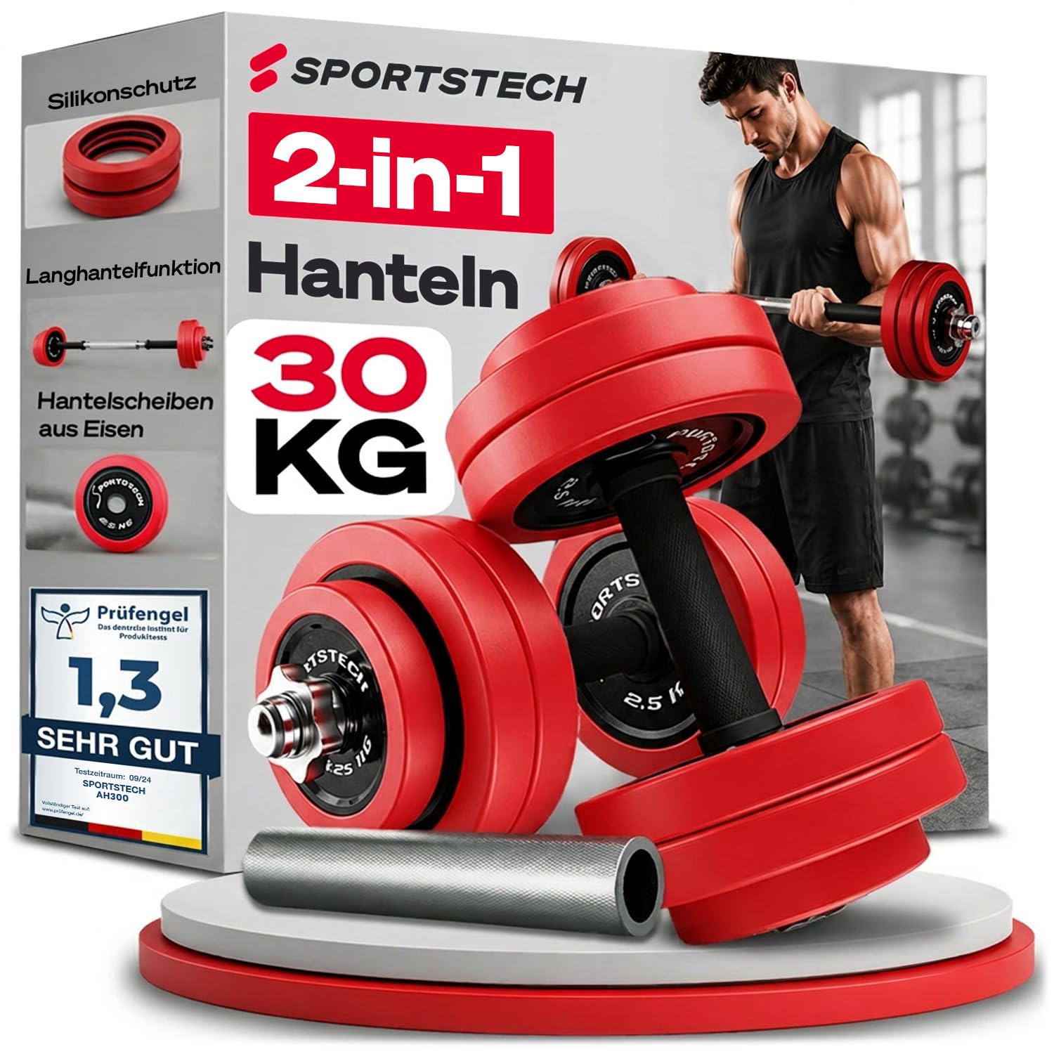 Sportstech AH300, Hanteln Set, 20 kg-30 kg, 2in1 Kurzhanteln und Langhantel Set, verstellbar, mit Silikonüberzug, Gewichte Hantelset für Zuhause, Krafttraining, Fitness Home