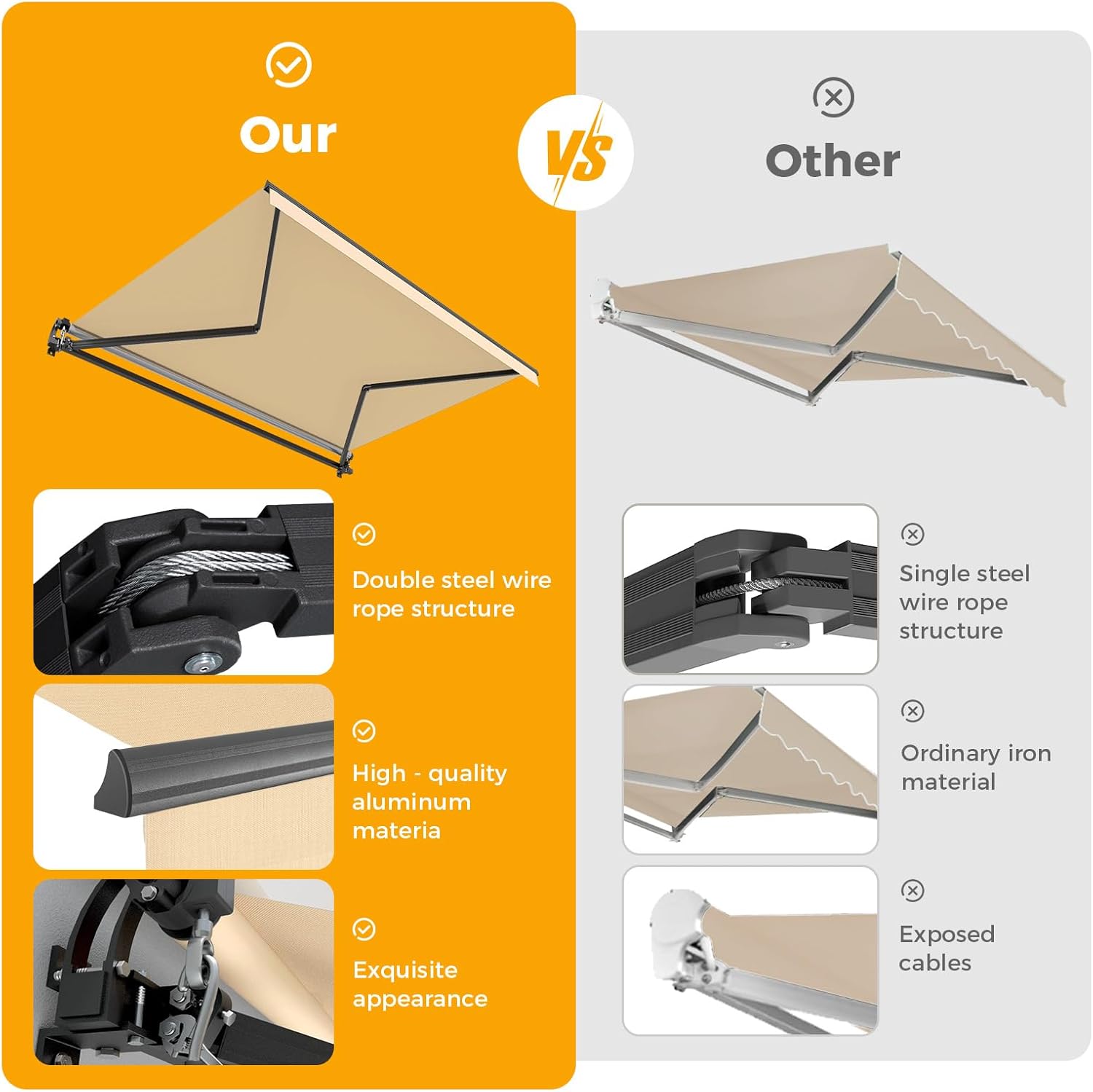 HOMEDEMO 8.2x6.5 Retractable Awning for Patio, Manual Awnings, Sunshade Shelter Crank Handle, UV & Waterproof Polyester Cover and Aluminum Frame for Outdoor Deck, Balcony, Yard, Beige