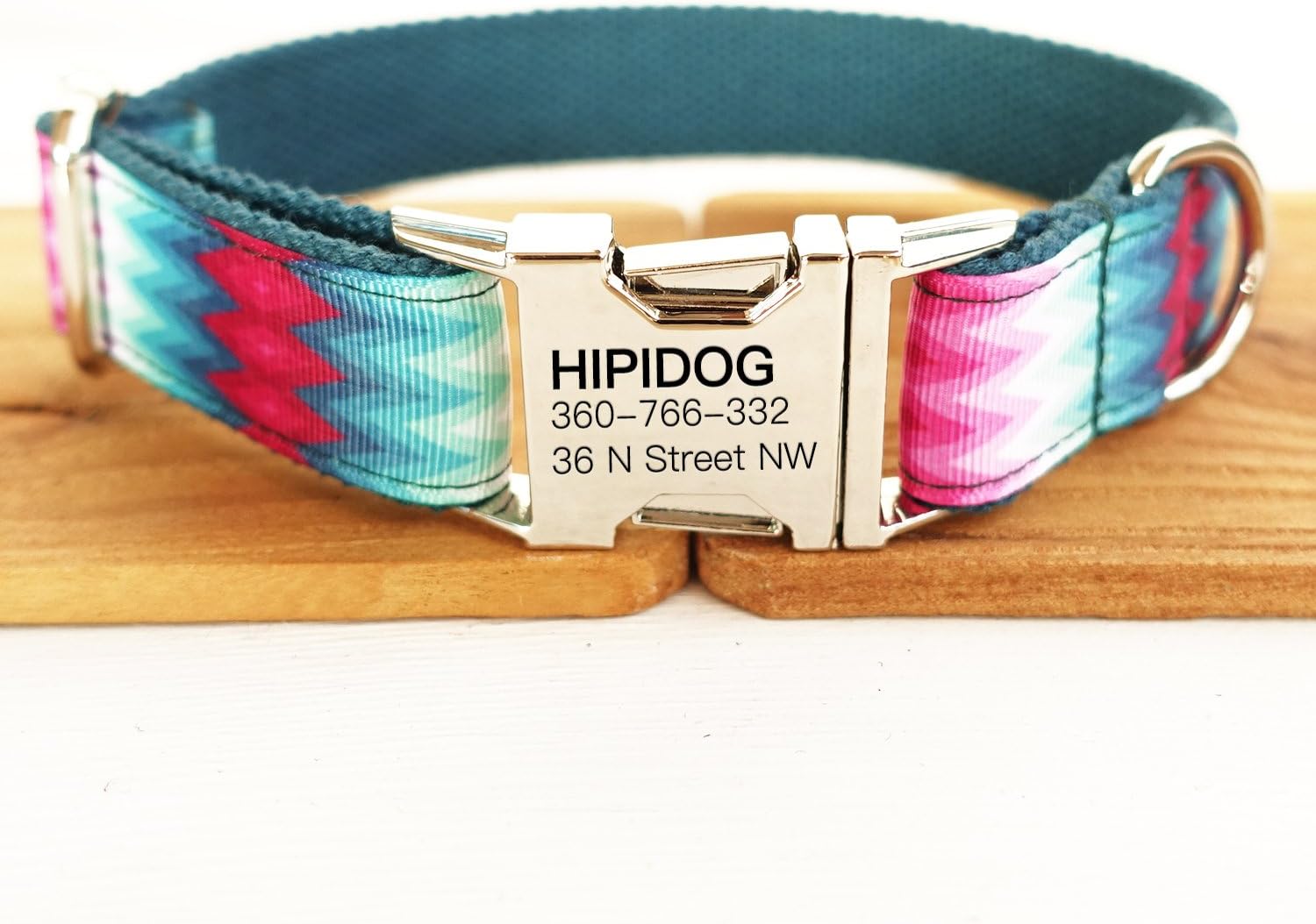 hipidog Personalized Dog Collar, Custom Engraving with Pet Name and Phone Number, Adjustable Tough Nylon ID Collar, Matching Leash Available Separately (Peafowl)