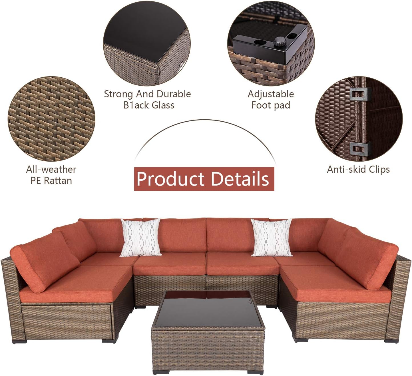 7 Pieces Outdoor Patio Sectional Sofa Set,Brown Wicker Furniture Set, Washable Seat Cushions with Zippers and Tempered Glass Table, Maple Red Cushion : Patio, Lawn & Garden