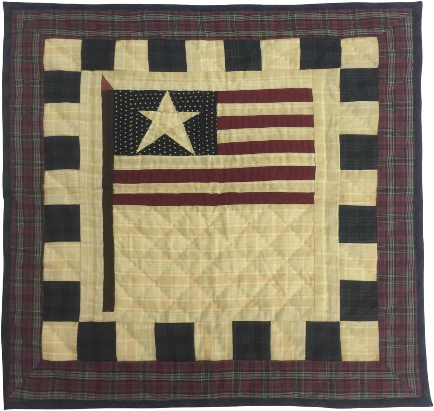 Hand Quilted 19"x19" Patriotic Flag Cotton Quilt Block Wall Hanging Table Topper with Rod Pocket | Primitive Farmhouse Decor