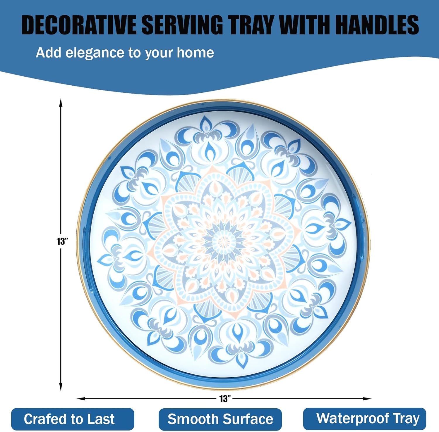 Round Blue Decorative Tray for Coffee Table, Ottoman, 13” Plastic Serving Platter Tray with Handles for Entertaining, Living Room - Image 5