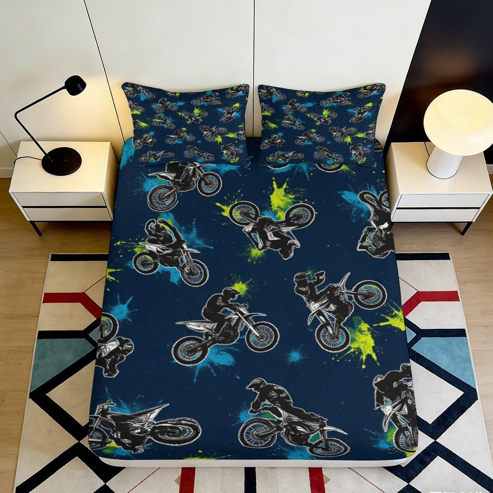 Pnayamiorkfel Style-6 3D Printed Motocross Extreme Blue Fitted Sheet Microfiber Dirt Bike Bed Cover Non Slip Easy Care For Bedroom Dorm 90X200x25cm