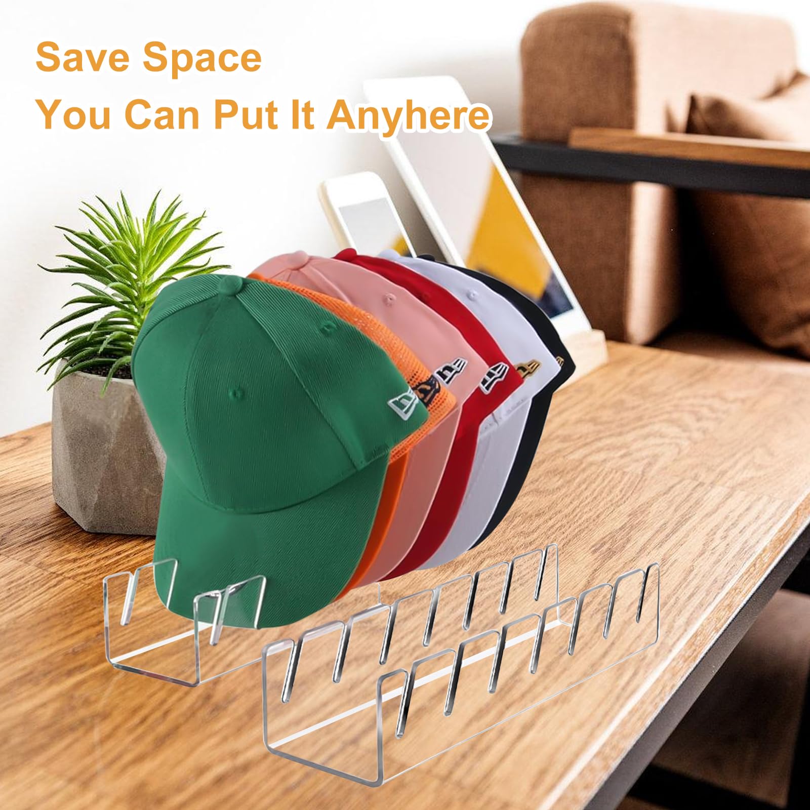 Set da 2 Porta Cappelli in Acrilico Trasparente, Organizzatore per 14 Cappellini, Appendi Cappelli Autoportante Senza Installazione, Soluzione Salvaspazio per Ripiani e Tavoli